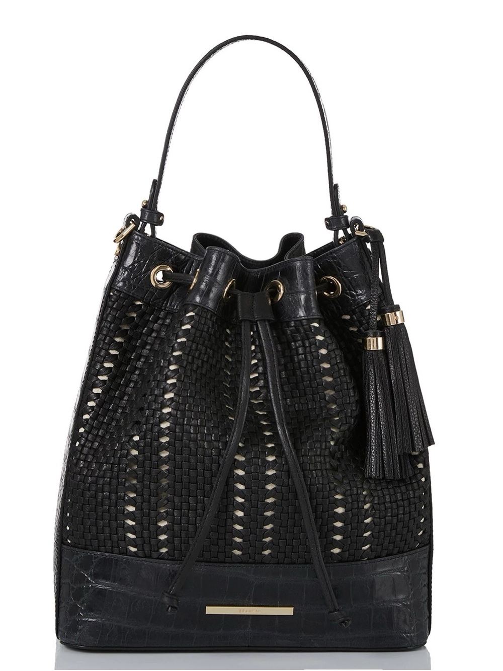 Brahmin Large Marlowe Black Cascata Woven Leather Bucket Shoulder Bag